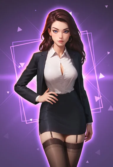 Angel, heroína morena con traje de Passion Industry, elegante y exigente