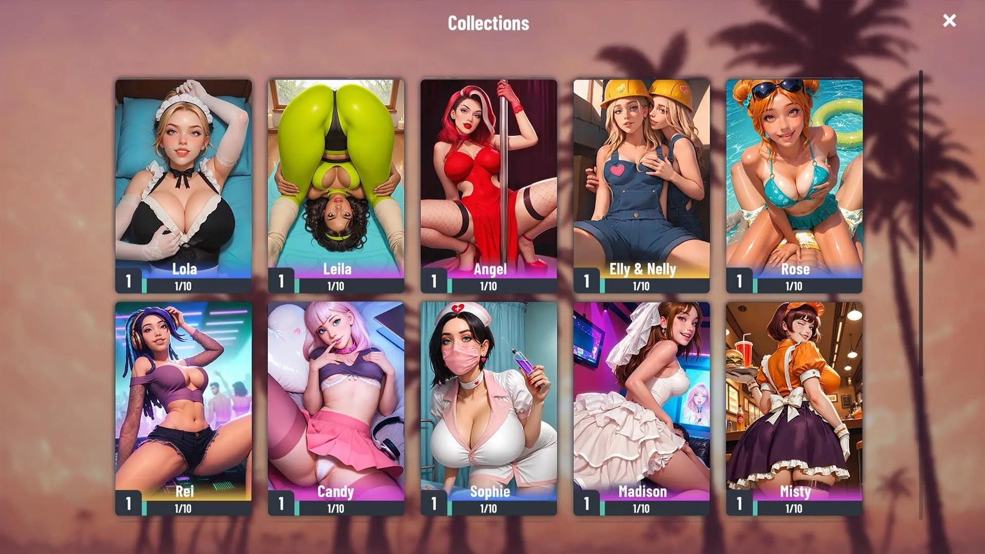 Pantalla de colecciones de Passion Industry: cartas de heroínas para coleccionar (Lola, Angel, Rose, Candy, Sophie, Madison…)