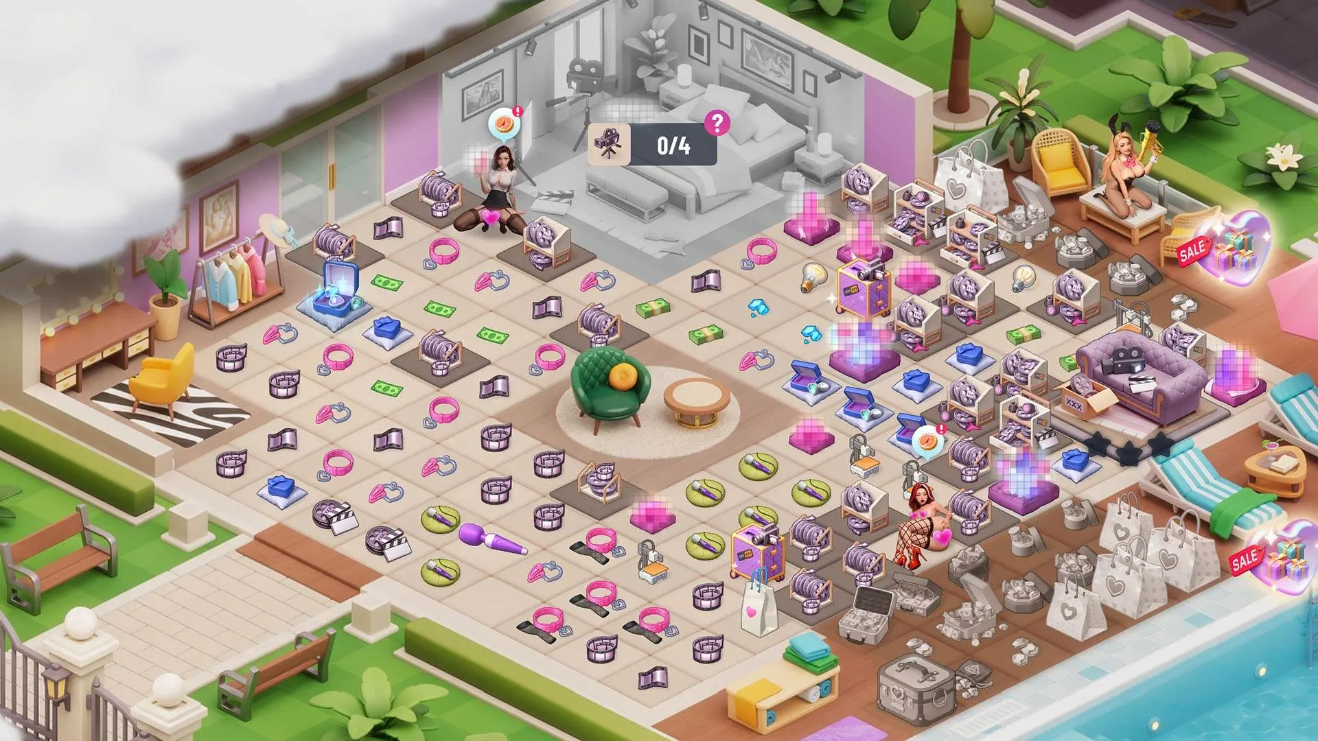 Cuadrícula de fusión Merge-5 de Passion Industry: objetos para combinar en un lugar decorado con piscina
